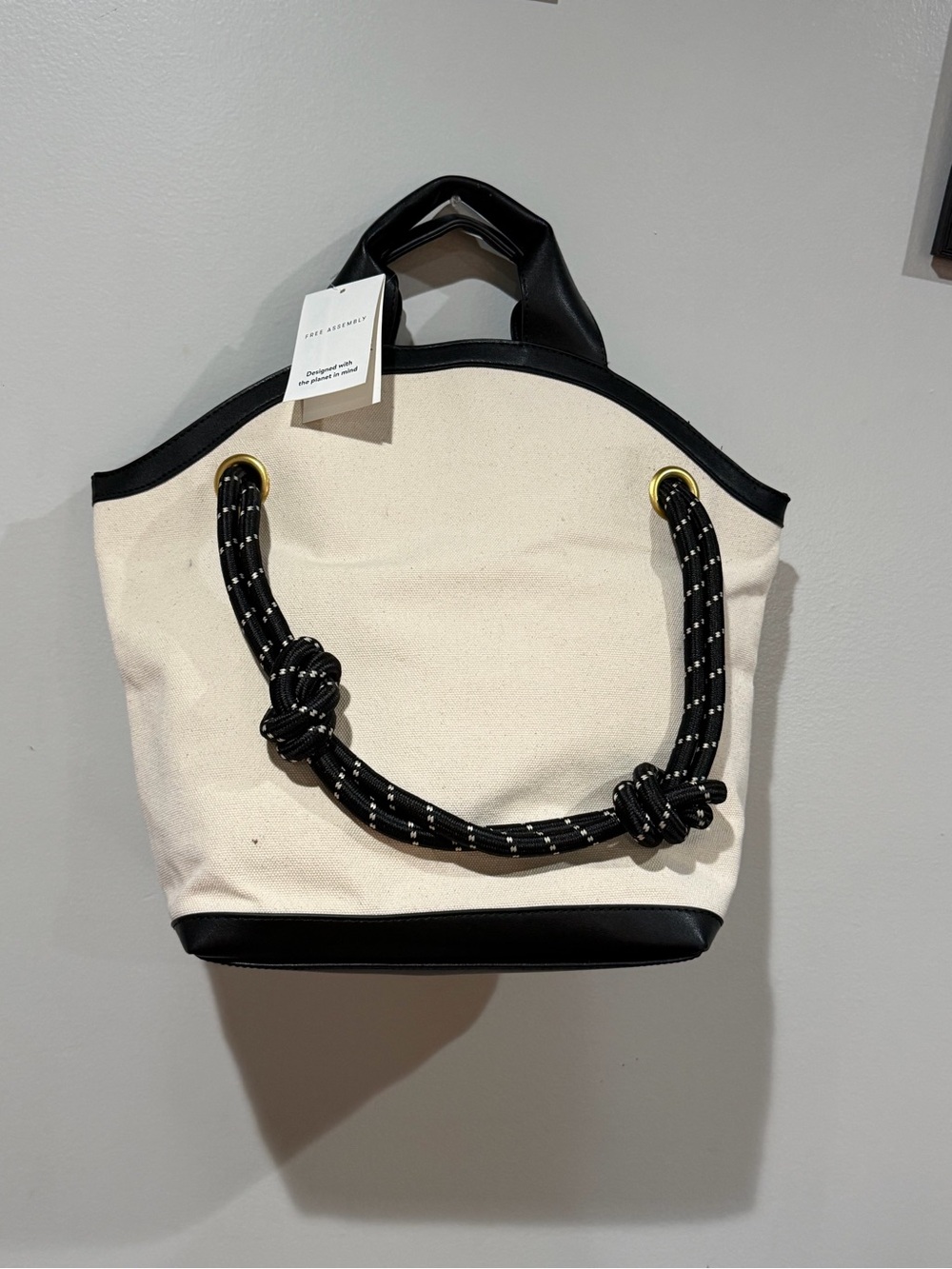 Canvas Tote with Black Trim and Knotted Rope Handles by